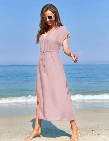 فستان Andeip النسائي للشاطئ كاجوال بفتحة جانبية، فستان طويل للسباحة، غطاء لباس السباحة in Kuwait