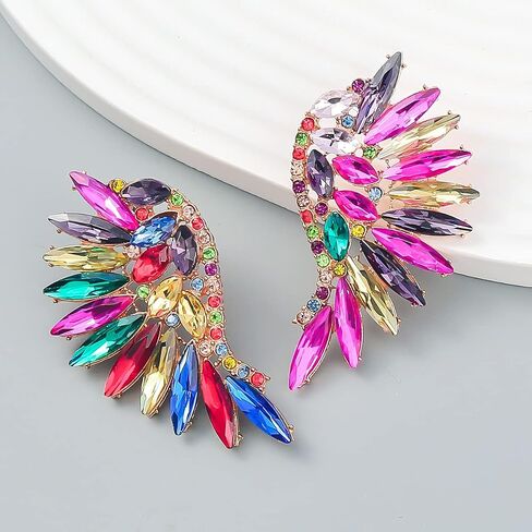 Angel Wing Statement Stud Earrings Cubic Zirconia Colorful Rhinestone Geometrical Flower Dangle Drop Earring Fashion Exaggerated Jewelry Gifts for Women Girls in Kuwait