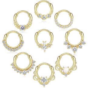 Ubjuliwa 9Pcs Septum Jewelry 16G Daith Earrings Hinged Hoop Nose Rings 316L Stainless Steel Septum Clicker CZ Rings for Women Cartilage Helix Tragus Rook Hoop Daith Earrings 8MM