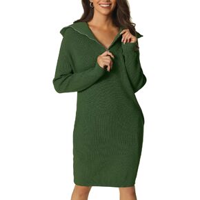 Seta T Women's Casual V Neck Sweater Dress with Pockets Long Sleeve Turn Down Collar Zip Up Ribbed Knit Pullover Sweater