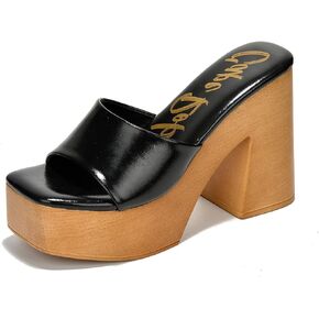 Cape Robbin Enisle Chunky Slip On Wooden Platform Heeled Sandals for Women, Women's Square Toe High Heels in Kuwait