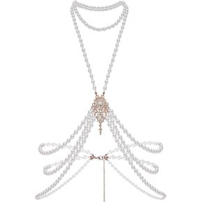 BABEYOND 1920s Pearl Body Chain for Evening Party Crystal Body Chain Gatsby Imitation Pearl Body Chain for Flapper Costume