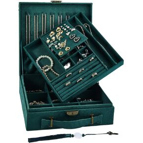 Jewelry box, 2 Layers, Jewelry Storage and Display Box, Large Capacity Double Row Necklace Storage,with Handle, with Lock,Gift for Your Loved Ones, Vintage Green