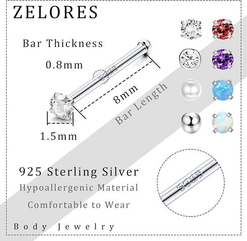 ZELORES 20 جرام فضة استرليني ترصيع الأنف لؤلؤ صغير الكرة أوبال متعدد الألوان تشيكوسلوفاكيا الأنف خواتم للنساء الرجال 1.5 مللي متر الأنف خواتم ترصيع مجموعة الأنف ثقب المجوهرات in Kuwait