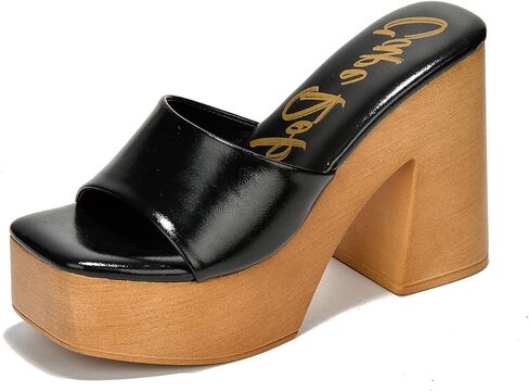 Cape Robbin Enisle Chunky Slip On Wooden Platform Heeled Sandals for Women, Women's Square Toe High Heels in Kuwait