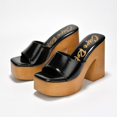 Cape Robbin Enisle Chunky Slip On Wooden Platform Heeled Sandals for Women, Women's Square Toe High Heels in Kuwait