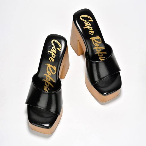 Cape Robbin Enisle Chunky Slip On Wooden Platform Heeled Sandals for Women, Women's Square Toe High Heels in Kuwait