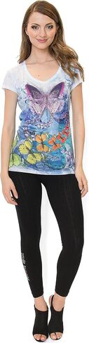 Made in USA - Colorful Butterfly Ladies V-Neck 3D Graphic Butterfly T-Shirt w/Rhinestones in Saudi Arabia