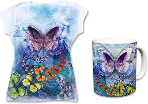 Made in USA - Colorful Butterfly Ladies V-Neck 3D Graphic Butterfly T-Shirt w/Rhinestones in Saudi Arabia