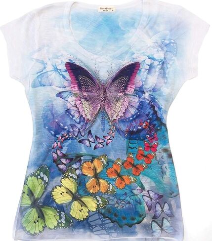 Made in USA - Colorful Butterfly Ladies V-Neck 3D Graphic Butterfly T-Shirt w/Rhinestones in Saudi Arabia