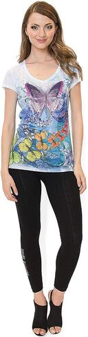 Made in USA - Colorful Butterfly Ladies V-Neck 3D Graphic Butterfly T-Shirt w/Rhinestones in Saudi Arabia