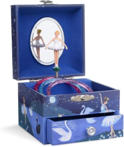 Jewelkeeper Girls Jewelry Box - Music Box with Spinning Ballerina Doll to Swan Lake Tune - Kids Jewelry Box to Store Little Treasures - Blue and White Glitter Design - 4.25D x 4.75W x 3.5H Inches in Saudi Arabia