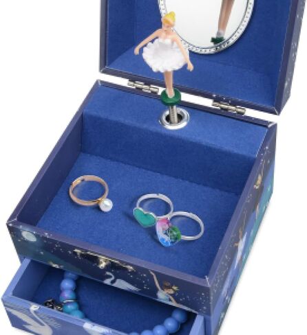 Jewelkeeper Girls Jewelry Box - Music Box with Spinning Ballerina Doll to Swan Lake Tune - Kids Jewelry Box to Store Little Treasures - Blue and White Glitter Design - 4.25D x 4.75W x 3.5H Inches in Saudi Arabia