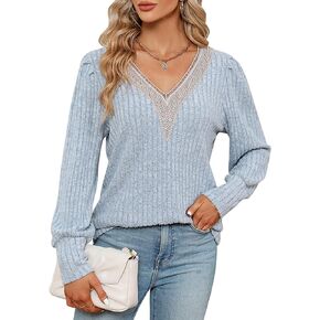 Mansy Women's Casual Lace V Neck T Shirts Dressy Lantern Long Sleeve Blouses Loose Tunic Tops