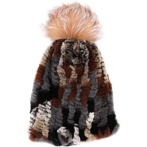 surell Rex Rabbit Textile Knit Beanie with Fox Fur Pom - Ski Style Hat - Warm Winter Fashion