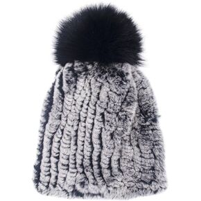 surell Rex Rabbit Textile Knit Beanie with Fox Fur Pom - Ski Style Hat - Warm Winter Fashion