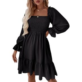 Pasgreson Women's Square Neck Long Puff Sleeve Dress A Line Flowy Short Mini Dress in Saudi Arabia