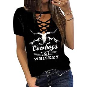 Cowboy Whiskey Criss-Cross Hollow Out T-Shirt Women Western Country Music Shirt Vintage Cowgril Short Sleeve Tops