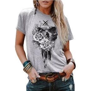 Halloween Skull Floral Bleached T-Shirt Women Funny Skull Face Graphic Shirt Casual Short Sleeve Fall Tops Tee in Kuwait