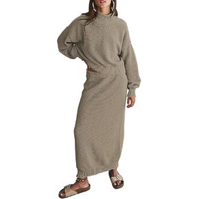 Pink Queen Women's 2 Piece Sweater Set Outfits Long Sleeve Oversized Top Bodycon Maxi Long Skirt Knit Dresses in Kuwait