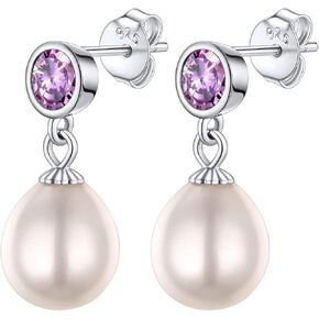 Bestyle الفضة الاسترليني حقيقية لؤلؤ المياه العذبة قلادة القرط مع 12 جوهرة الميلاد، لذيذ أنيق كريستال كبير اللؤلؤ والمجوهرات للنساء الفتيات، حب كبير حفل زفاف عيد ميلاد in Kuwait