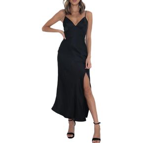 Summer Satin V Neck Silp Midi Dress for Women Wedding Guest 2023 Sexy Spaghetti Strap Backless Long Dresses with Slit