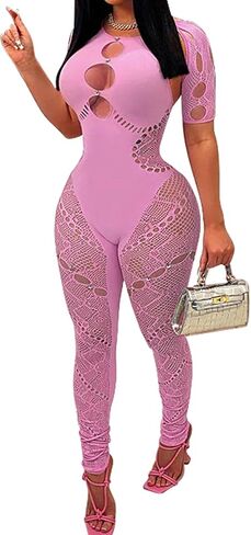 WEICHUJIAN Women's Autumn Solid Neck Hanging Sleeves Hollow out Diamonds Sexy Slim Fit High Waist Lace Jumpsuit in Saudi Arabia