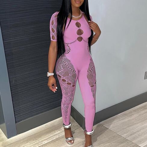 WEICHUJIAN Women's Autumn Solid Neck Hanging Sleeves Hollow out Diamonds Sexy Slim Fit High Waist Lace Jumpsuit in Saudi Arabia
