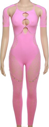 WEICHUJIAN Women's Autumn Solid Neck Hanging Sleeves Hollow out Diamonds Sexy Slim Fit High Waist Lace Jumpsuit in Saudi Arabia
