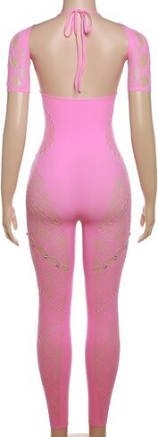 WEICHUJIAN Women's Autumn Solid Neck Hanging Sleeves Hollow out Diamonds Sexy Slim Fit High Waist Lace Jumpsuit in Saudi Arabia