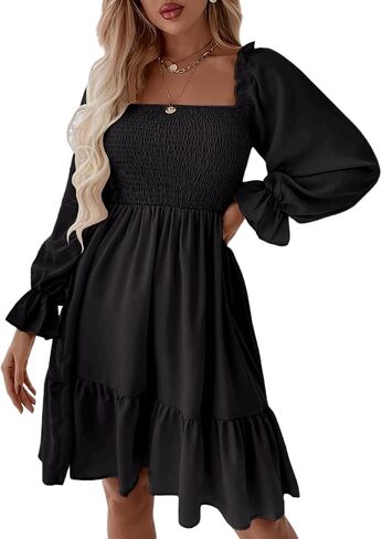 Pasgreson Women's Square Neck Long Puff Sleeve Dress A Line Flowy Short Mini Dress in Saudi Arabia
