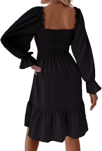 Pasgreson Women's Square Neck Long Puff Sleeve Dress A Line Flowy Short Mini Dress in Saudi Arabia