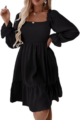 Pasgreson Women's Square Neck Long Puff Sleeve Dress A Line Flowy Short Mini Dress in Saudi Arabia
