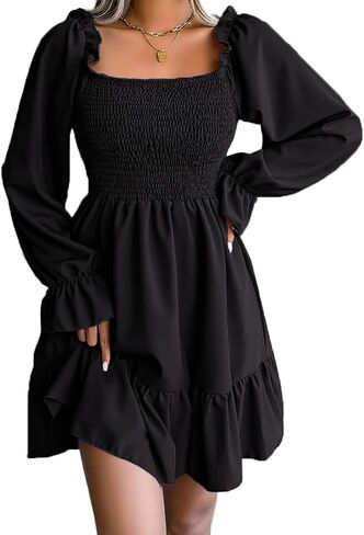 Pasgreson Women's Square Neck Long Puff Sleeve Dress A Line Flowy Short Mini Dress in Saudi Arabia