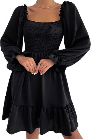 Pasgreson Women's Square Neck Long Puff Sleeve Dress A Line Flowy Short Mini Dress in Saudi Arabia