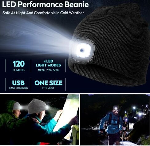 قبعة KUPOO صغيرة مع ضوء، قبعات شتوية محبوكة للجنسين، قبعة مصباح أمامي LED قابلة لإعادة الشحن عبر USB، قبعة صغيرة قبعة مصباح يدوي أسود/رمادي (عبوتان) in Saudi Arabia