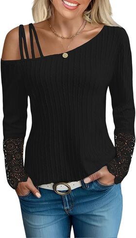 Cold Shoulder Tops Lace Splicing Long Sleeve Blouse Fall Criss-Cross Shirt Strappy Slash Neck T Shirts Elegant Pullover Top in Kuwait