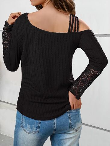 Cold Shoulder Tops Lace Splicing Long Sleeve Blouse Fall Criss-Cross Shirt Strappy Slash Neck T Shirts Elegant Pullover Top in Kuwait