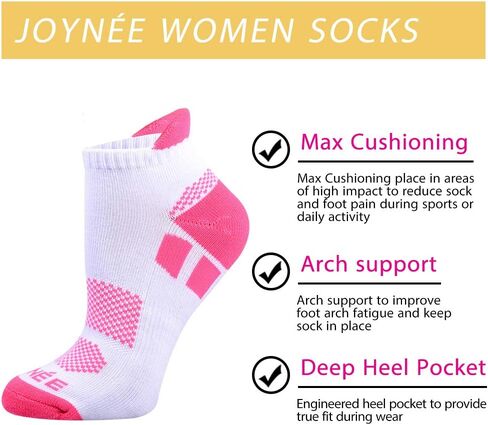 JOYNÉE 6 Pairs Women's Ankle Athletic Running Socks Performance Cushioned Low Cut Sports Socks with Heel Tab in Kuwait