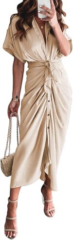Ceuplon Women's Ruched Front Shirt Dress Short Sleeve Button Down Maxi Dresses with Belt in Kuwait