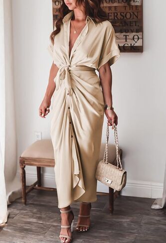 Ceuplon Women's Ruched Front Shirt Dress Short Sleeve Button Down Maxi Dresses with Belt in Kuwait