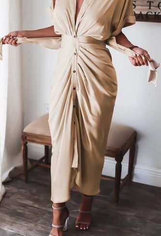 Ceuplon Women's Ruched Front Shirt Dress Short Sleeve Button Down Maxi Dresses with Belt in Kuwait