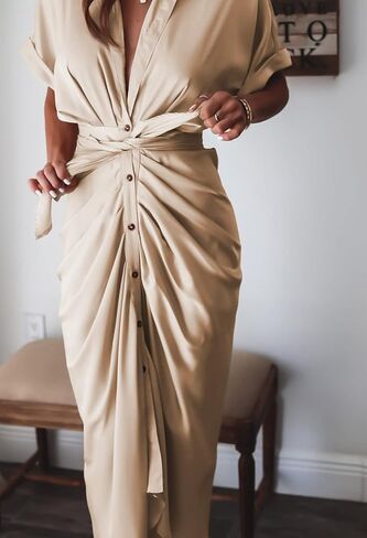Ceuplon Women's Ruched Front Shirt Dress Short Sleeve Button Down Maxi Dresses with Belt in Kuwait