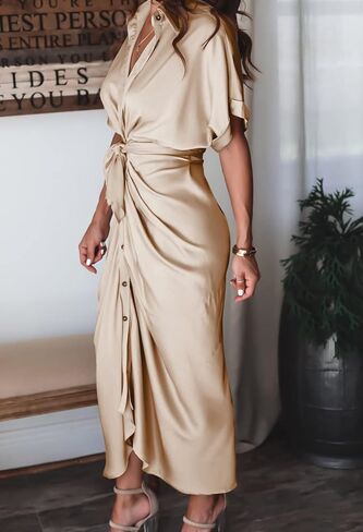 Ceuplon Women's Ruched Front Shirt Dress Short Sleeve Button Down Maxi Dresses with Belt in Kuwait