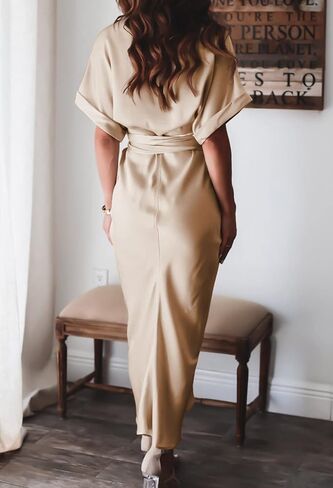 Ceuplon Women's Ruched Front Shirt Dress Short Sleeve Button Down Maxi Dresses with Belt in Kuwait