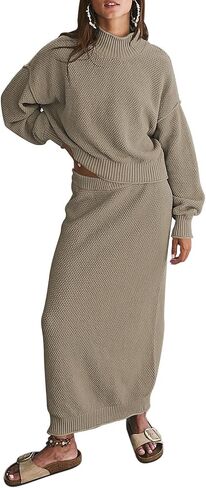 Pink Queen Women's 2 Piece Sweater Set Outfits Long Sleeve Oversized Top Bodycon Maxi Long Skirt Knit Dresses in Kuwait