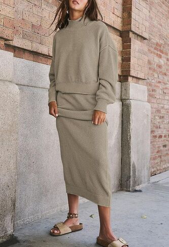 Pink Queen Women's 2 Piece Sweater Set Outfits Long Sleeve Oversized Top Bodycon Maxi Long Skirt Knit Dresses in Kuwait