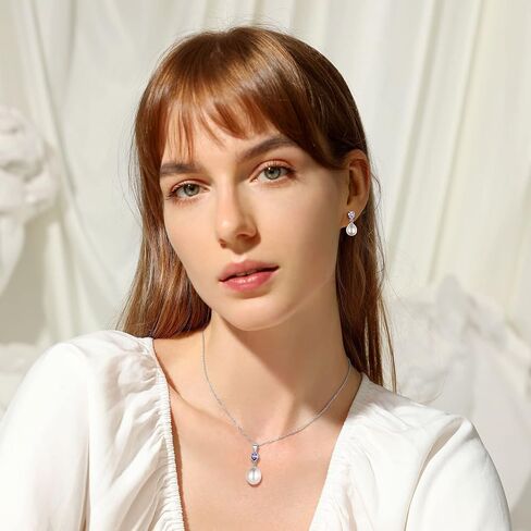 Bestyle الفضة الاسترليني حقيقية لؤلؤ المياه العذبة قلادة القرط مع 12 جوهرة الميلاد، لذيذ أنيق كريستال كبير اللؤلؤ والمجوهرات للنساء الفتيات، حب كبير حفل زفاف عيد ميلاد in Kuwait