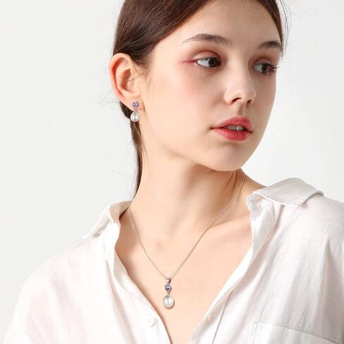 Bestyle الفضة الاسترليني حقيقية لؤلؤ المياه العذبة قلادة القرط مع 12 جوهرة الميلاد، لذيذ أنيق كريستال كبير اللؤلؤ والمجوهرات للنساء الفتيات، حب كبير حفل زفاف عيد ميلاد in Kuwait