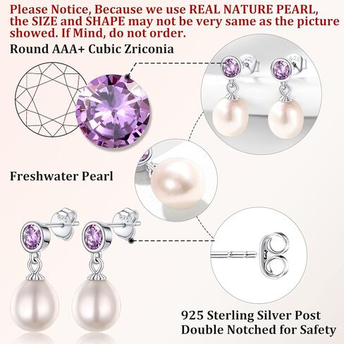 Bestyle الفضة الاسترليني حقيقية لؤلؤ المياه العذبة قلادة القرط مع 12 جوهرة الميلاد، لذيذ أنيق كريستال كبير اللؤلؤ والمجوهرات للنساء الفتيات، حب كبير حفل زفاف عيد ميلاد in Kuwait